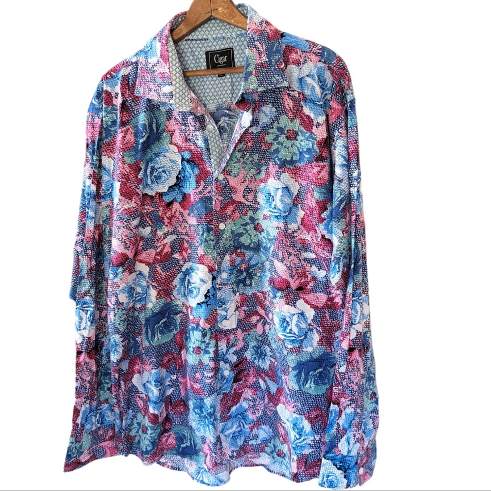 Cigar Couture Shirt Floral 2XL Blue Pink Green Flip Cuff Button Down Colorful